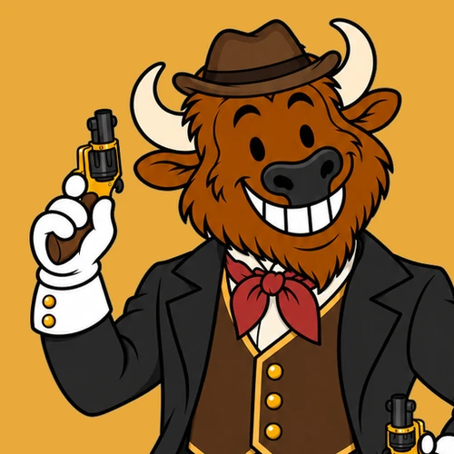 Buffalo & Co. Gold Rush Solitaire &mdash; a winking buffalo in a cattleman hat and red neckerchief, holding a fan of cards